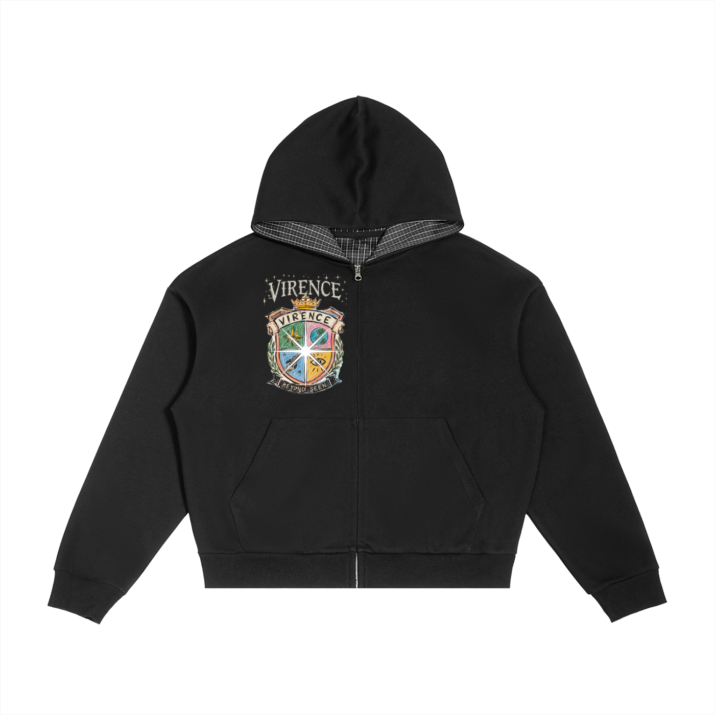 Contrast Plaid Boxy Zip Hoodie