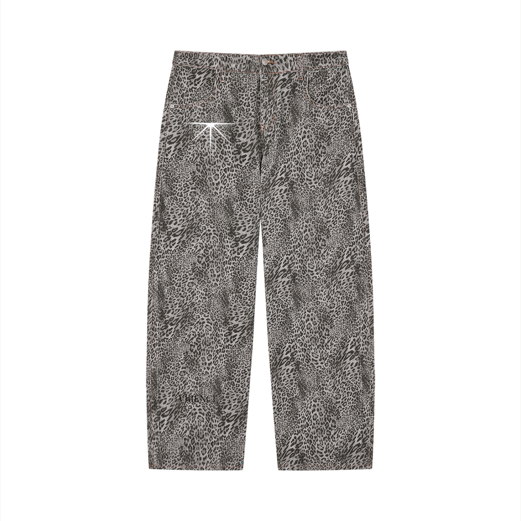 Unisex Vintage Wash Leopard Wide Leg Jeans