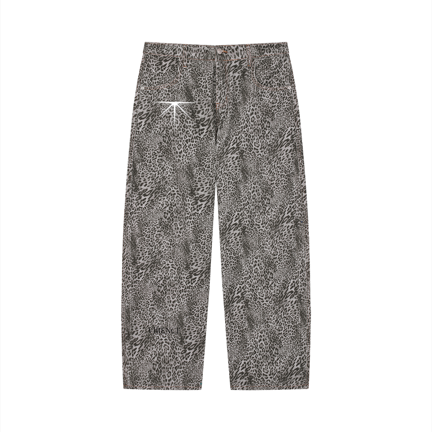 Unisex Vintage Wash Leopard Wide Leg Jeans
