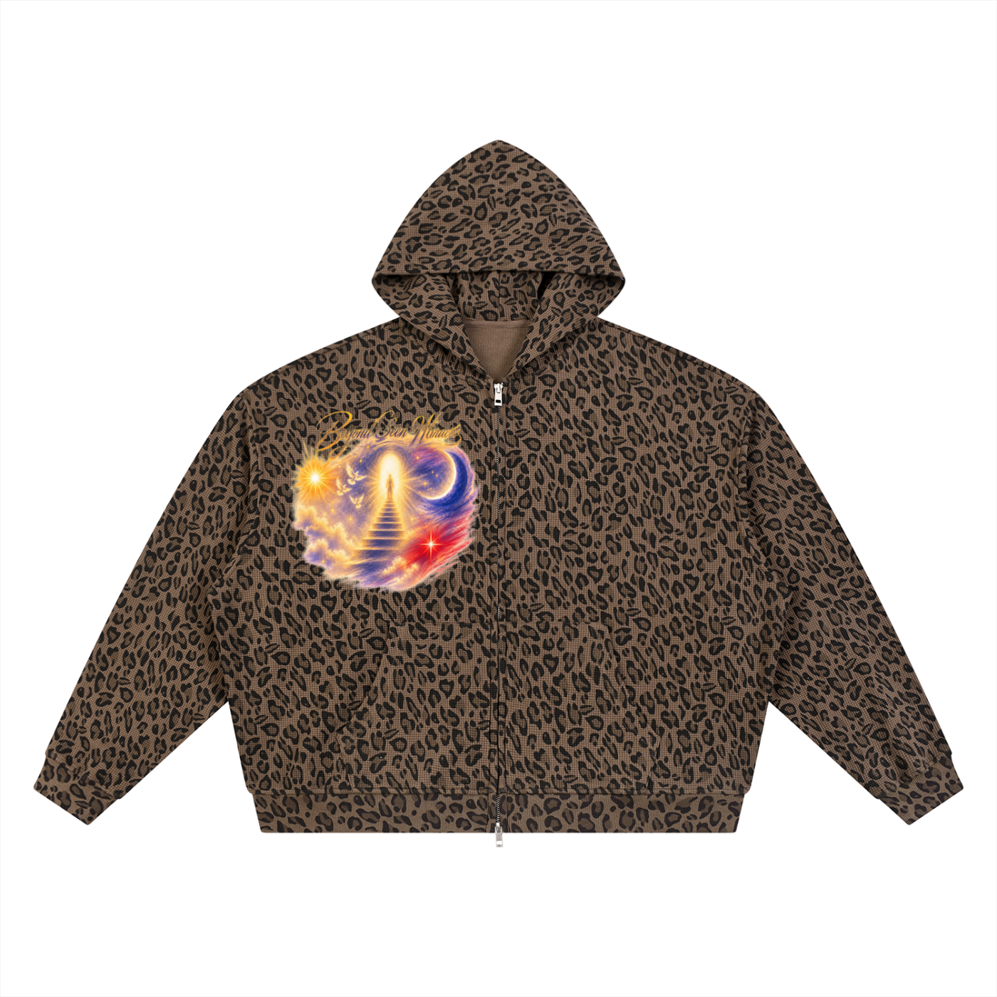 Unisex Leopard Print Waffle Full Zip Hoodie