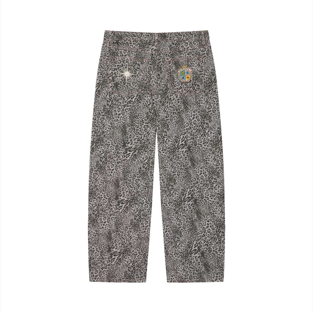 Unisex Vintage Wash Leopard Wide Leg Jeans