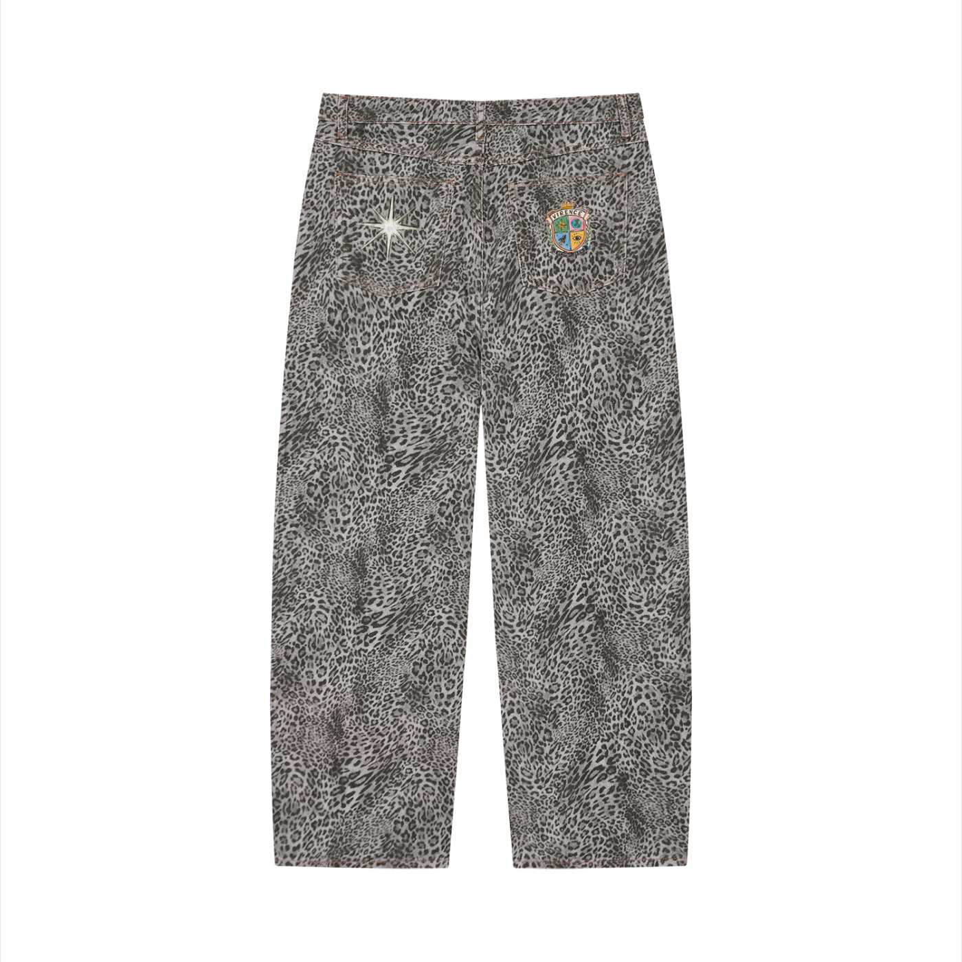 Unisex Vintage Wash Leopard Wide Leg Jeans